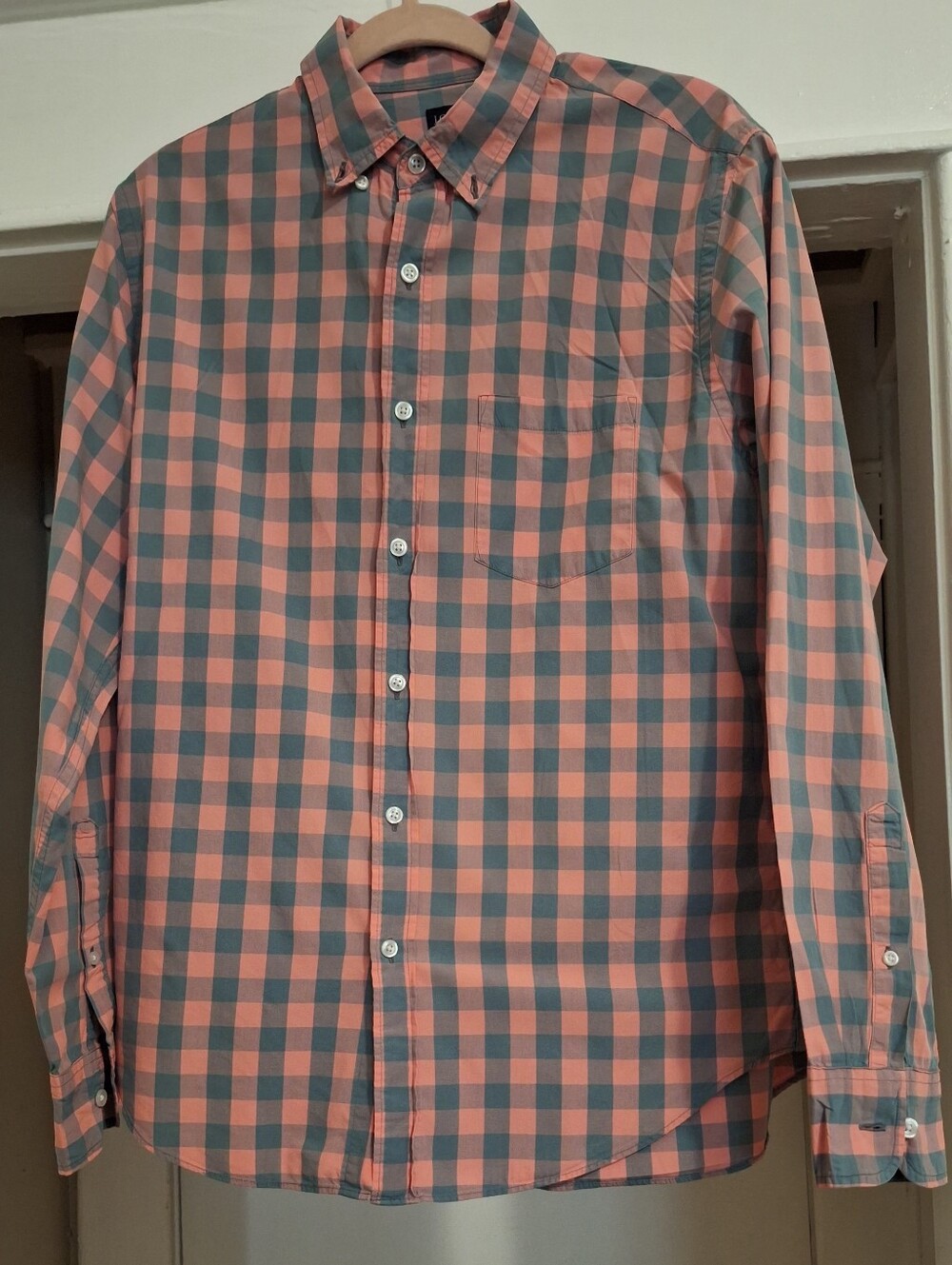J. Crew Coral and Charcoal Check Long-Sleeve Button-Down